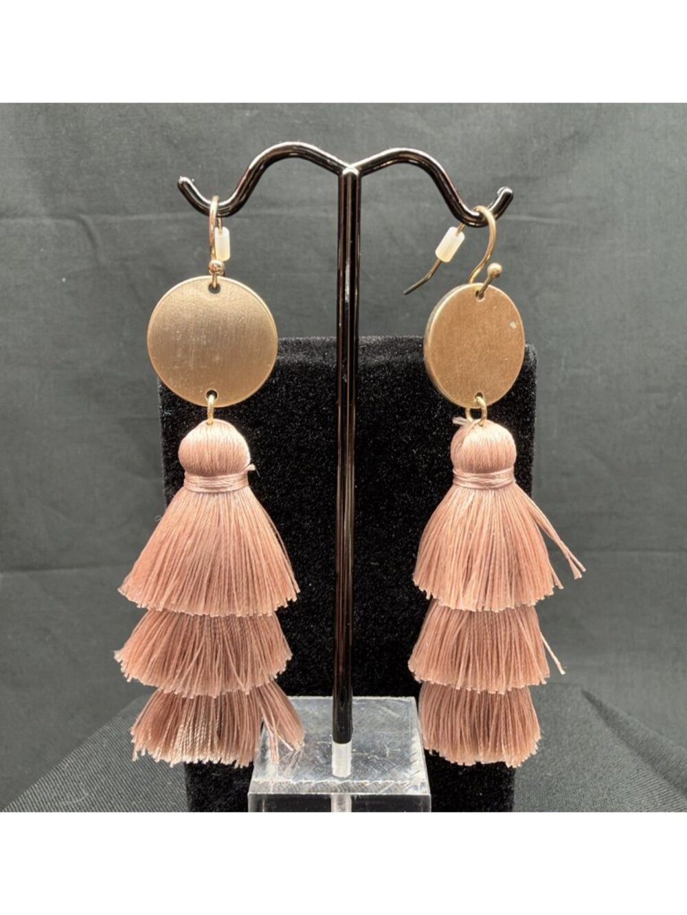 Taupe Tassel Earrings Gold Tone Disc Triple Tier Dangle Boho Statement